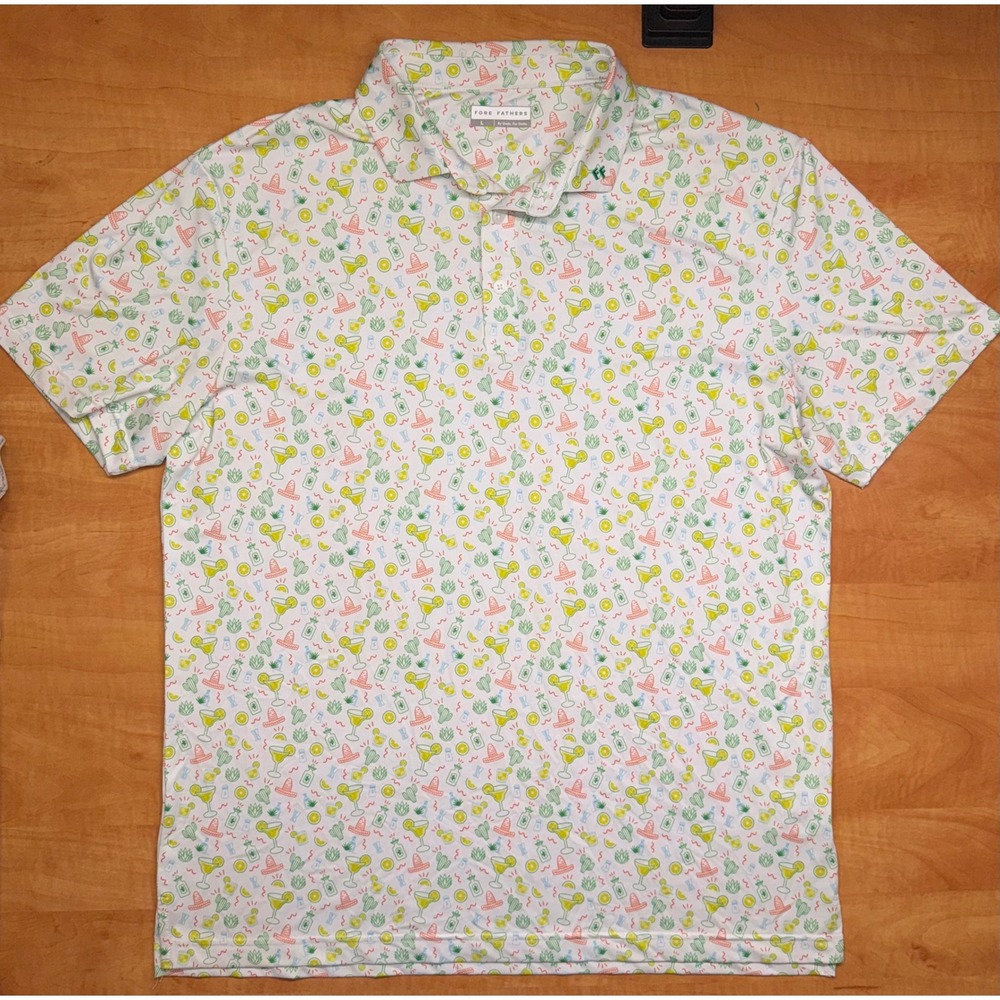 Fore Fathers Mens Large Golf Polo Shirt Margarita Tequila Print White Stretch L